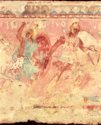 Amazons Fighting a Greek Warrior, Side of a Sarcophagus from Tarquinia